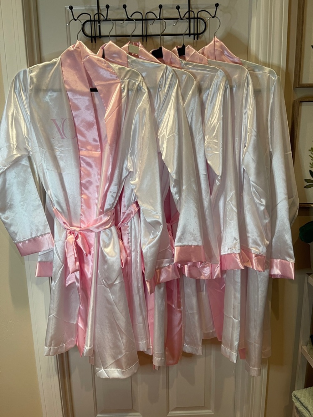 Six Satin Short Robes with Pink Trim - White/Pink
